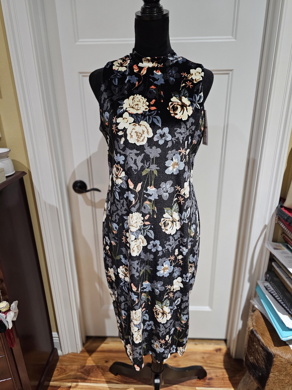 Sleeveless Floral Midi Dress in Black & Blue with Cream Roses, NWT